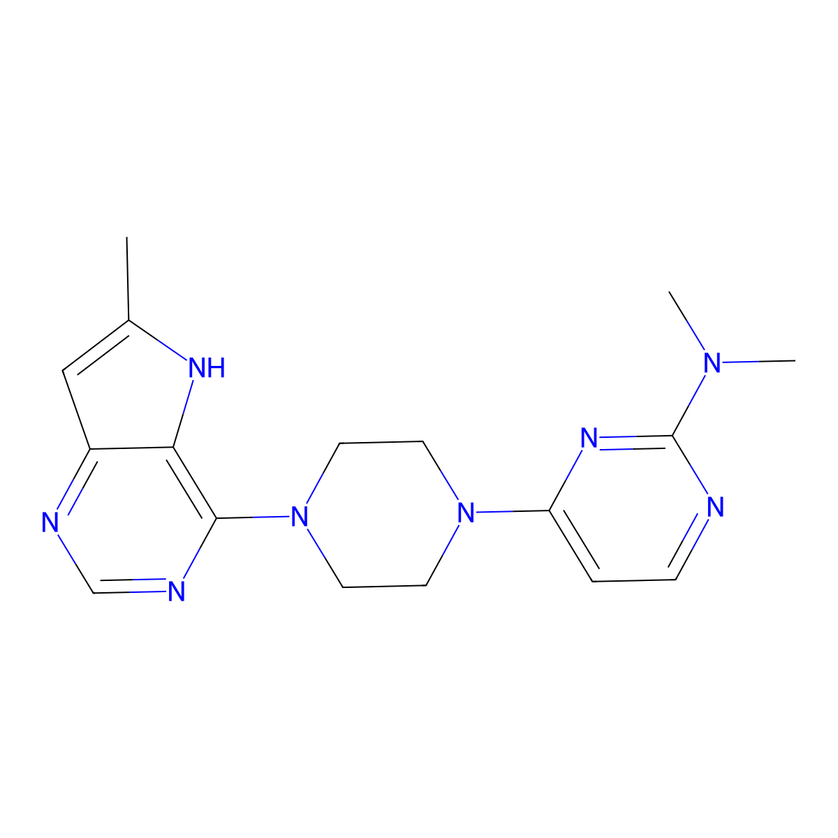 N,N-dimethyl-4-(4-{6-methyl-5H-pyrrolo[3,2-d]pyrimidin-4-yl}piperazin-1-yl)pyrimidin-2-amine molecular structure, CAS 2640864-08-8