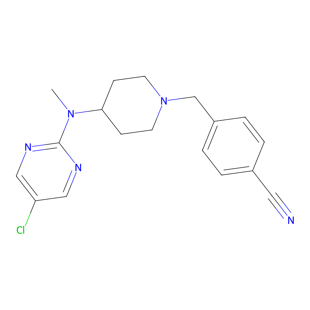 4-({4-[(5-Chloropyrimidin-2-yl)(methyl)amino]piperidin-1-yl}methyl)benzonitrile molecular structure, CAS 2640864-11-3
