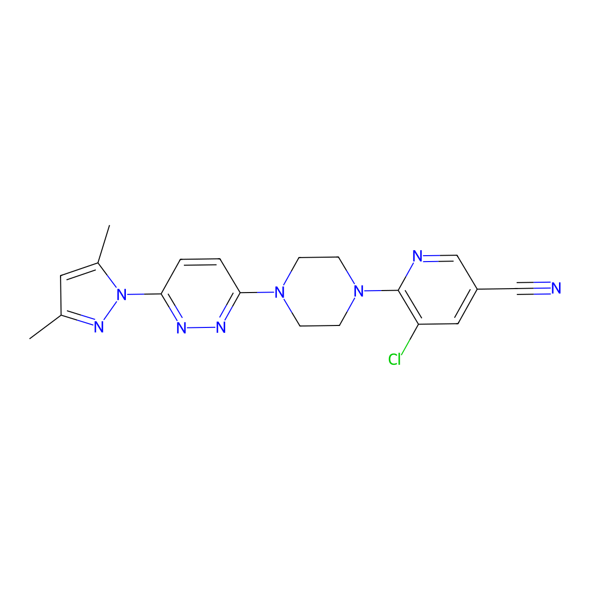 5-chloro-6-{4-[6-(3,5-dimethyl-1H-pyrazol-1-yl)pyridazin-3-yl]piperazin-1-yl}pyridine-3-carbonitrile molecular structure, CAS 2640865-53-6