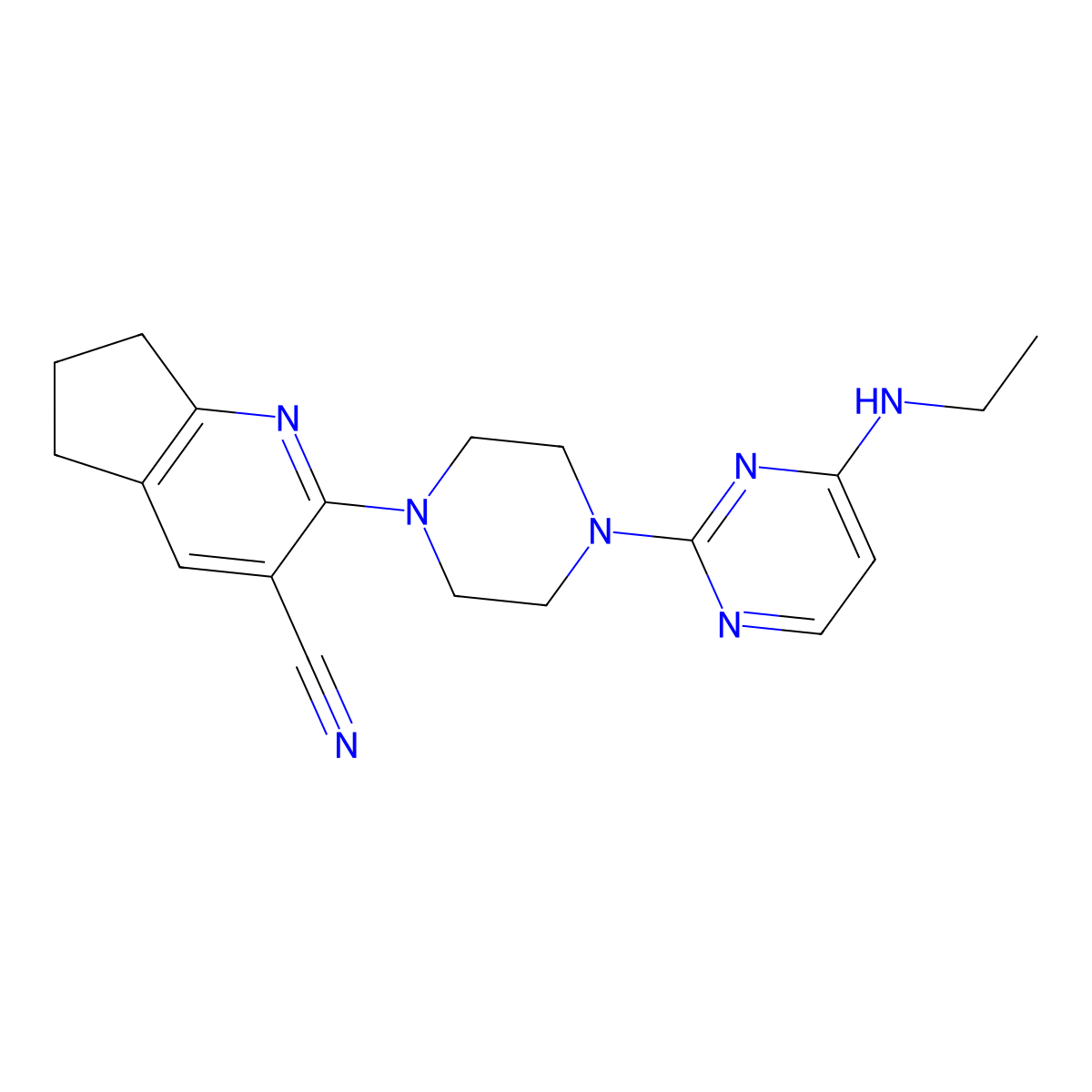 2-{4-[4-(ethylamino)pyrimidin-2-yl]piperazin-1-yl}-5H,6H,7H-cyclopenta[b]pyridine-3-carbonitrile molecular structure, CAS 2640865-54-7
