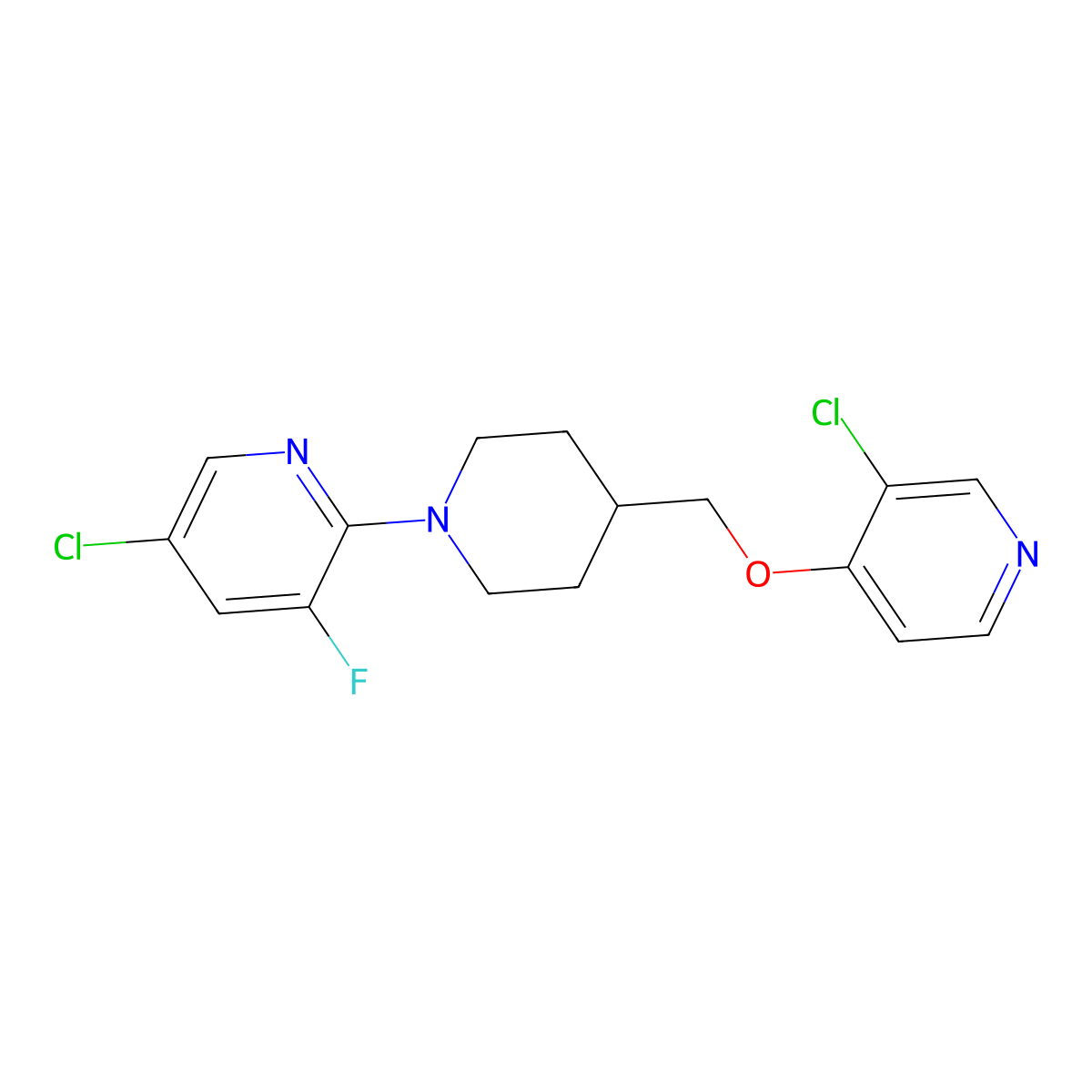 5-Chloro-2-(4-{[(3-chloropyridin-4-yl)oxy]methyl}piperidin-1-yl)-3-fluoropyridine molecular structure, CAS 2640865-56-9
