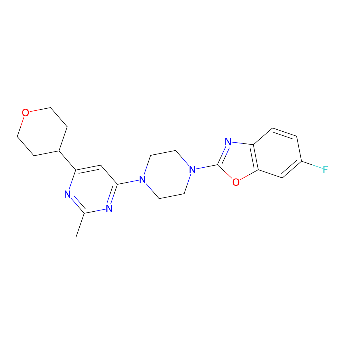 6-Fluoro-2-{4-[2-methyl-6-(oxan-4-yl)pyrimidin-4-yl]piperazin-1-yl}-1,3-benzoxazole molecular structure, CAS 2640865-58-1