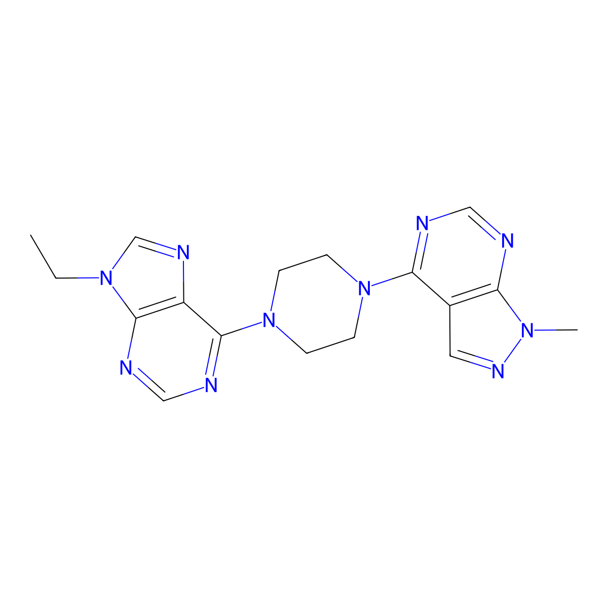 9-ethyl-6-(4-{1-methyl-1H-pyrazolo[3,4-d]pyrimidin-4-yl}piperazin-1-yl)-9H-purine molecular structure, CAS 2640865-59-2