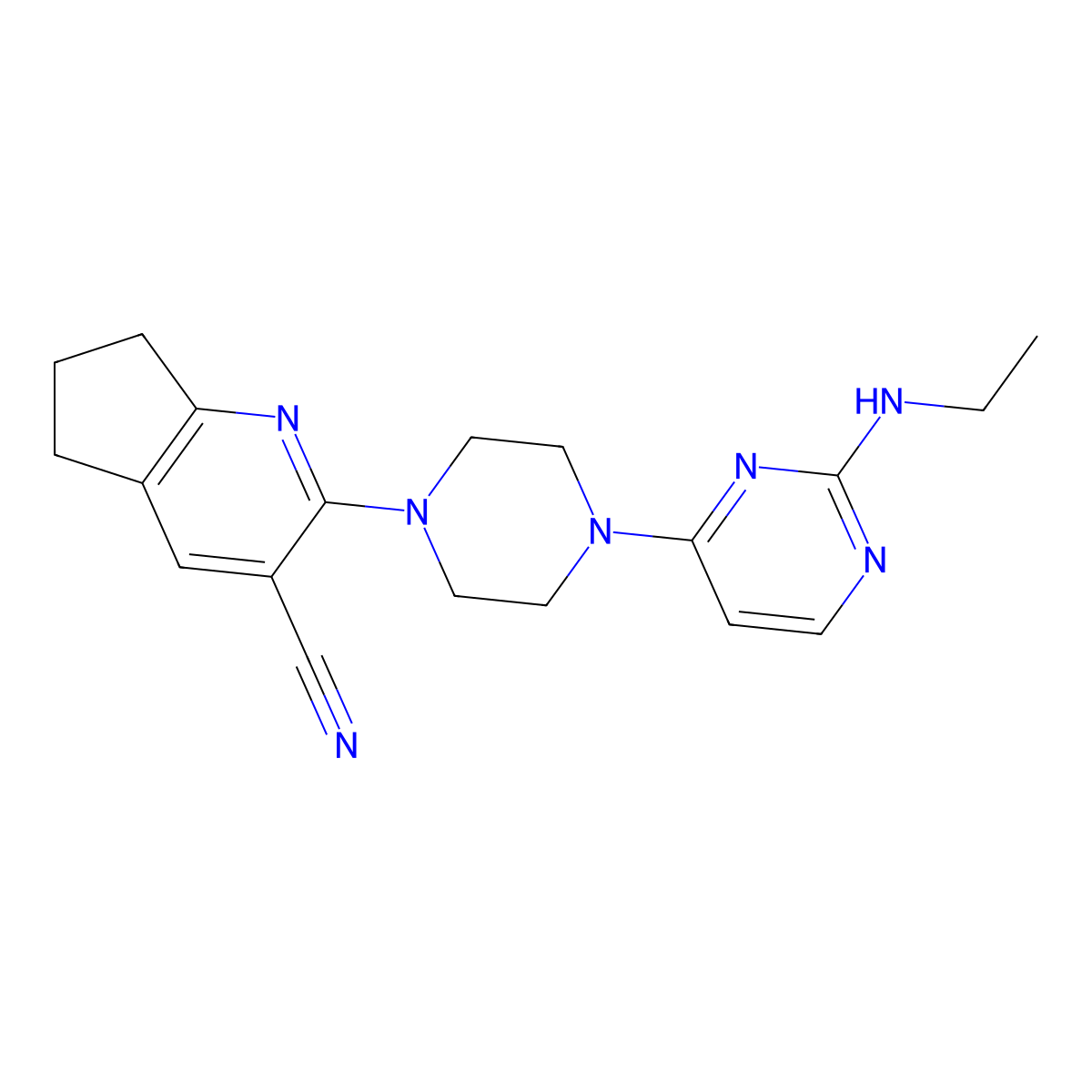 2-{4-[2-(ethylamino)pyrimidin-4-yl]piperazin-1-yl}-5H,6H,7H-cyclopenta[b]pyridine-3-carbonitrile molecular structure, CAS 2640865-60-5