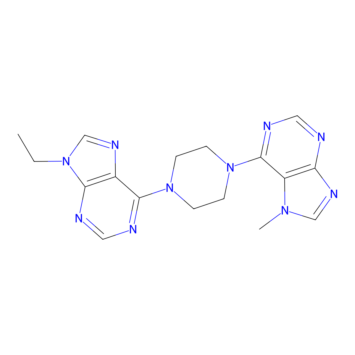 9-ethyl-6-[4-(7-methyl-7H-purin-6-yl)piperazin-1-yl]-9H-purine molecular structure, CAS 2640865-63-8