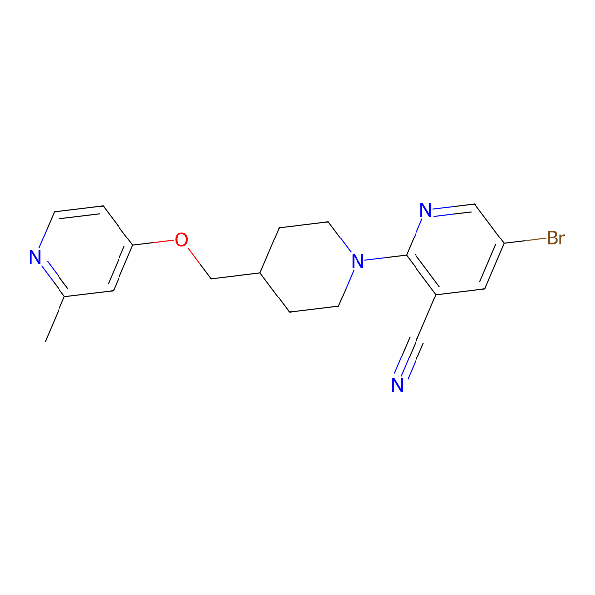 5-Bromo-2-(4-{[(2-methylpyridin-4-yl)oxy]methyl}piperidin-1-yl)pyridine-3-carbonitrile molecular structure, CAS 2640865-66-1