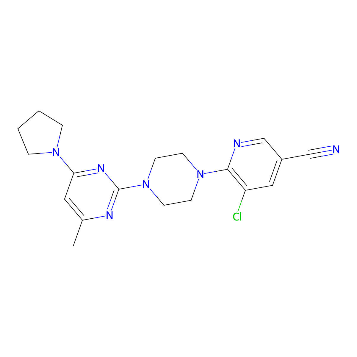 5-Chloro-6-{4-[4-methyl-6-(pyrrolidin-1-yl)pyrimidin-2-yl]piperazin-1-yl}pyridine-3-carbonitrile molecular structure, CAS 2640865-67-2