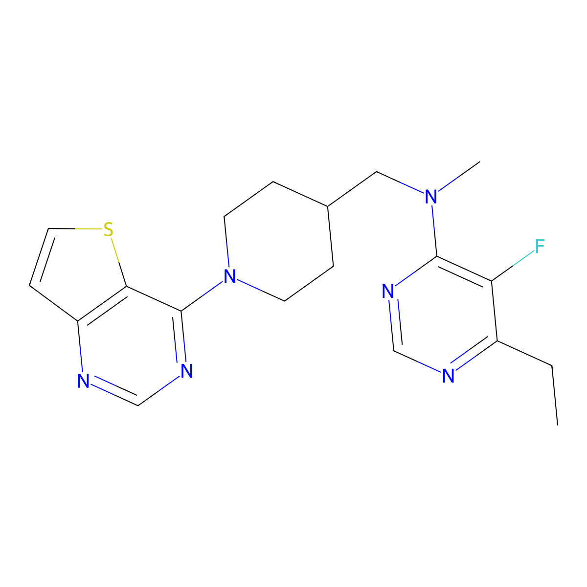 6-ethyl-5-fluoro-N-methyl-N-[(1-{thieno[3,2-d]pyrimidin-4-yl}piperidin-4-yl)methyl]pyrimidin-4-amine molecular structure, CAS 2640865-71-8