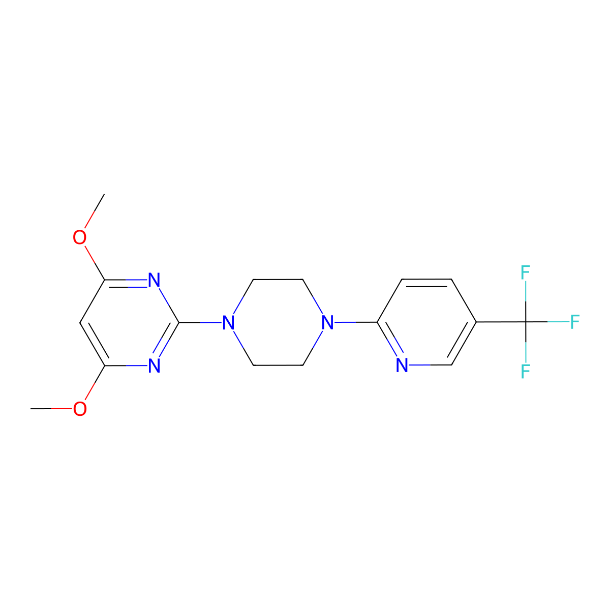 4,6-Dimethoxy-2-{4-[5-(trifluoromethyl)pyridin-2-yl]piperazin-1-yl}pyrimidine molecular structure, CAS 2640865-84-3