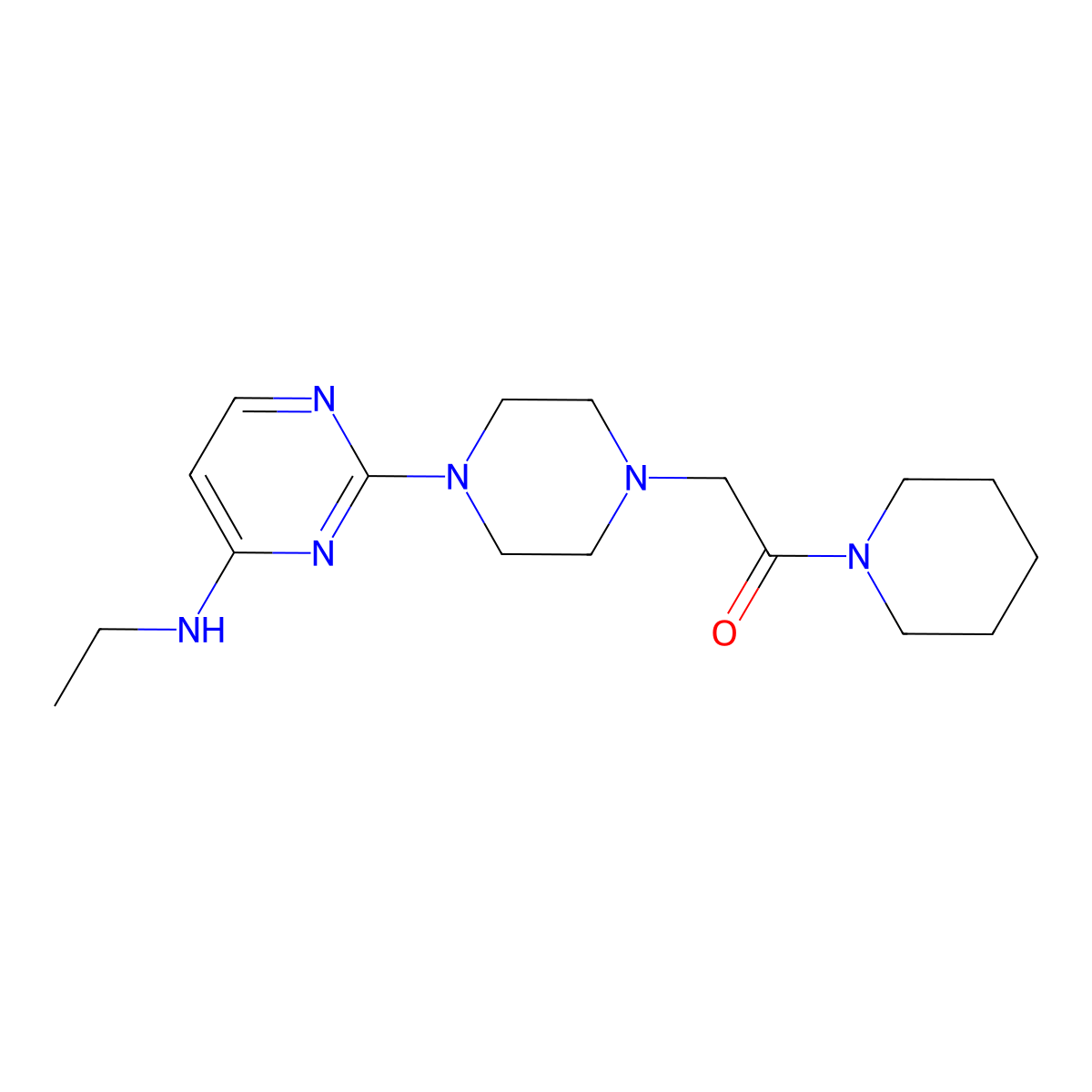 2-{4-[4-(Ethylamino)pyrimidin-2-yl]piperazin-1-yl}-1-(piperidin-1-yl)ethan-1-one molecular structure, CAS 2640865-86-5