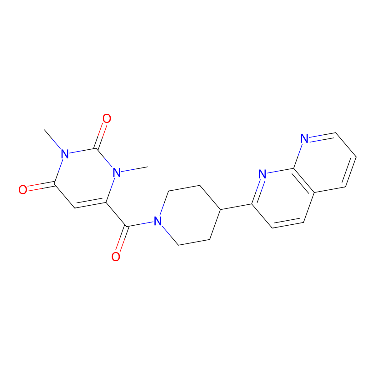 1,3-Dimethyl-6-[4-(1,8-naphthyridin-2-yl)piperidine-1-carbonyl]-1,2,3,4-tetrahydropyrimidine-2,4-dione molecular structure, CAS 2640865-89-8