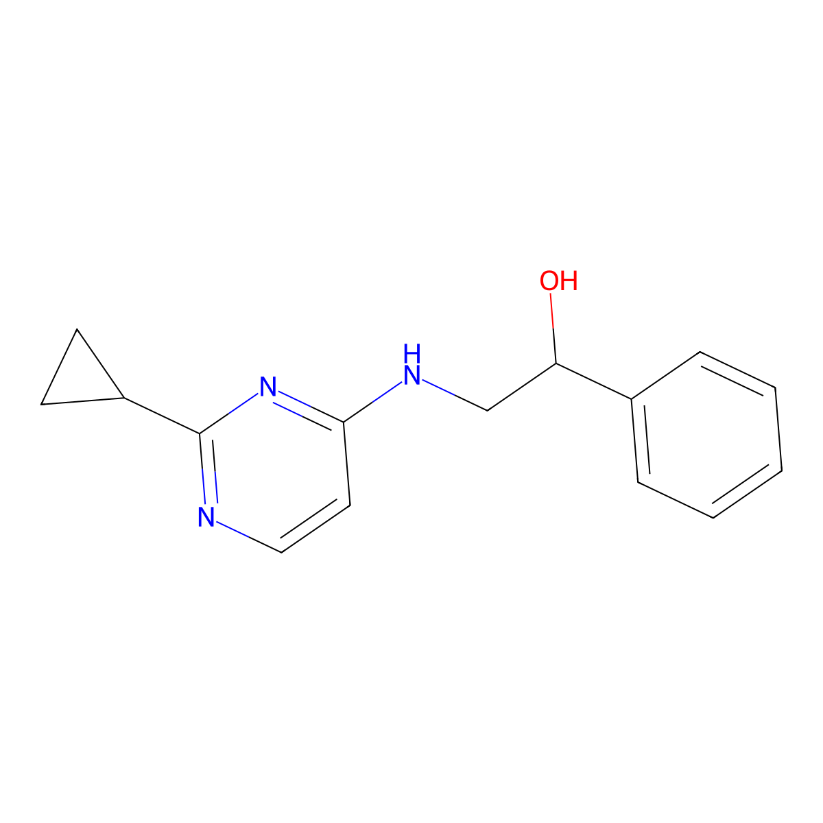 2-[(2-Cyclopropylpyrimidin-4-yl)amino]-1-phenylethan-1-ol molecular structure, CAS 2640865-91-2