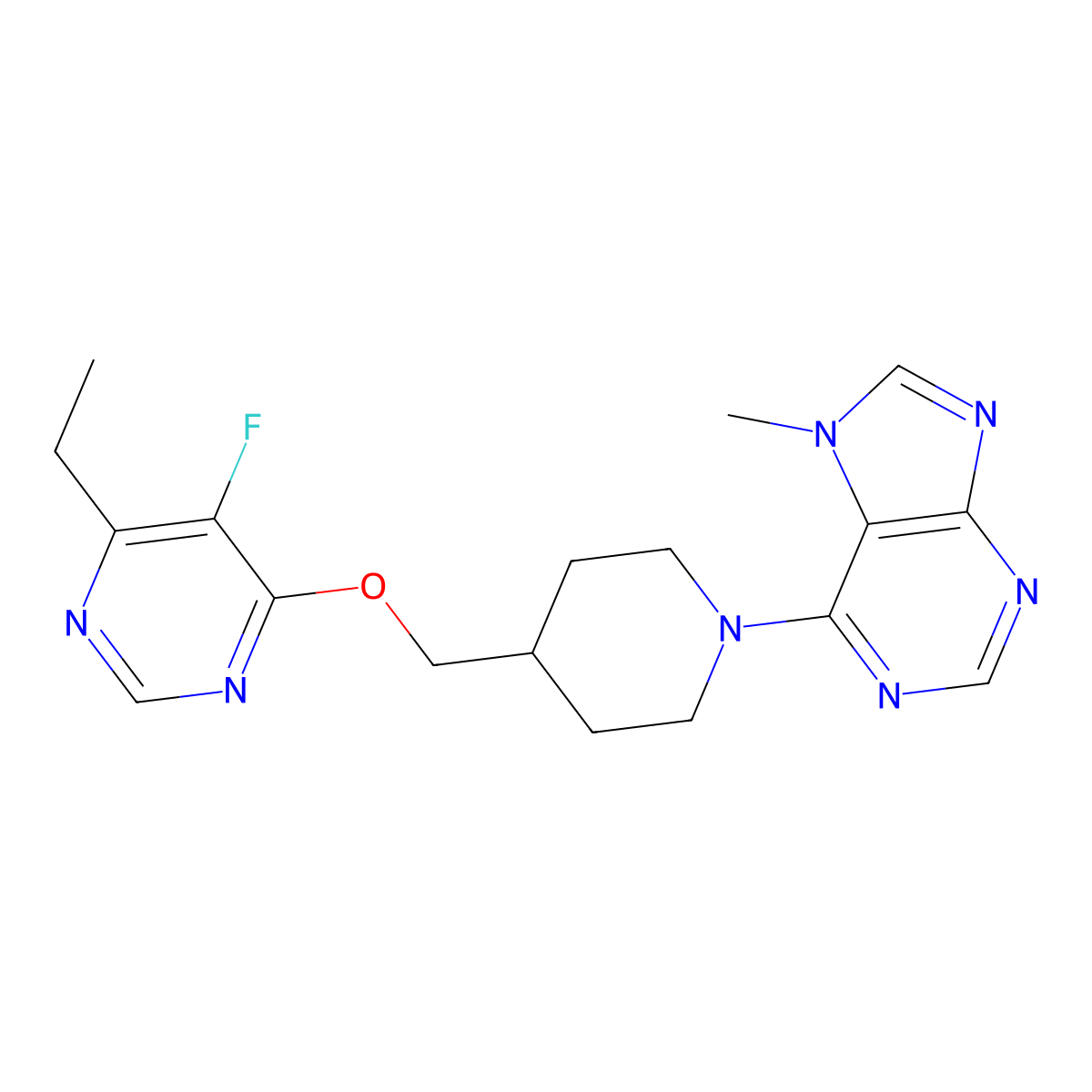 6-(4-{[(6-ethyl-5-fluoropyrimidin-4-yl)oxy]methyl}piperidin-1-yl)-7-methyl-7H-purine molecular structure, CAS 2640865-94-5