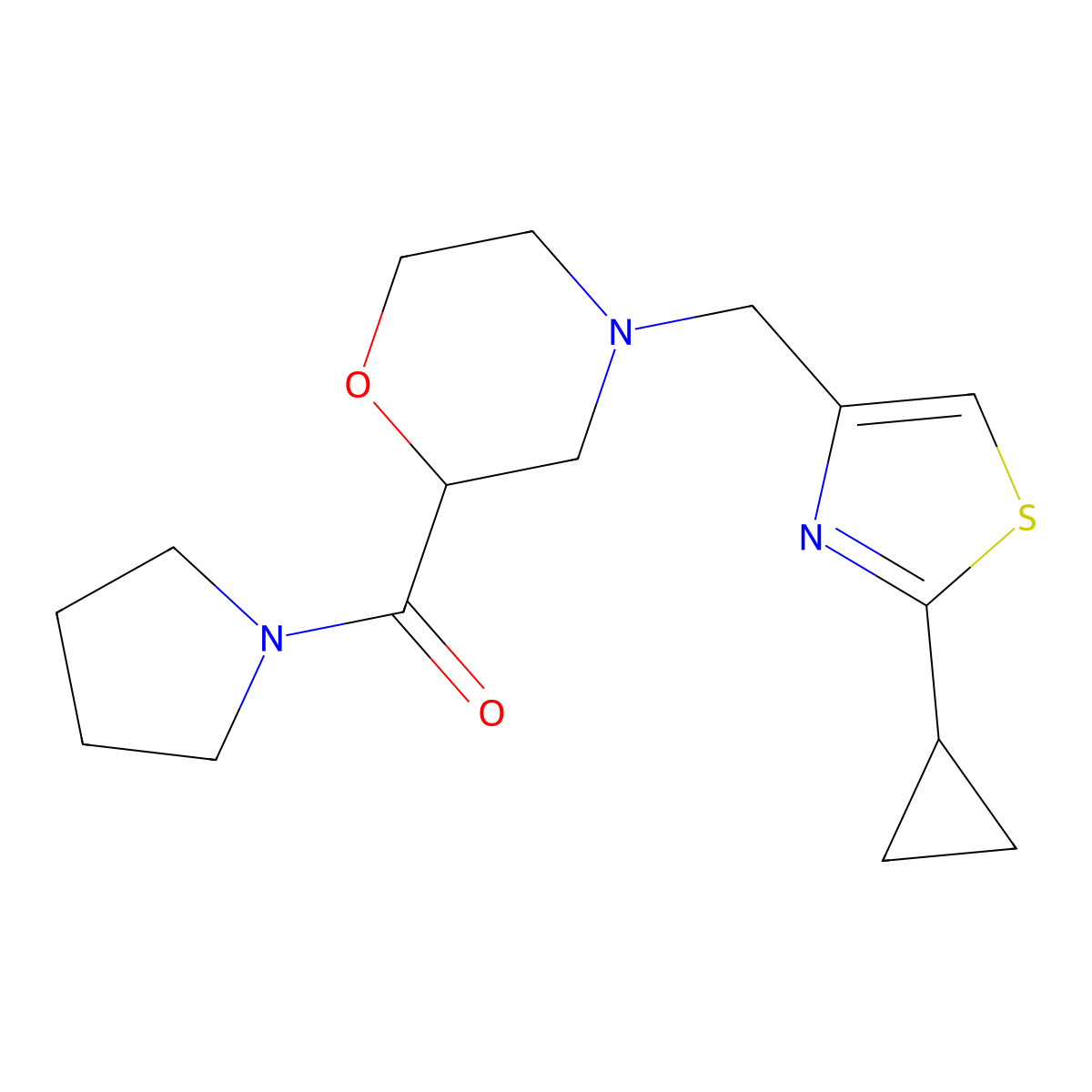 4-[(2-Cyclopropyl-1,3-thiazol-4-yl)methyl]-2-(pyrrolidine-1-carbonyl)morpholine molecular structure, CAS 2640865-95-6