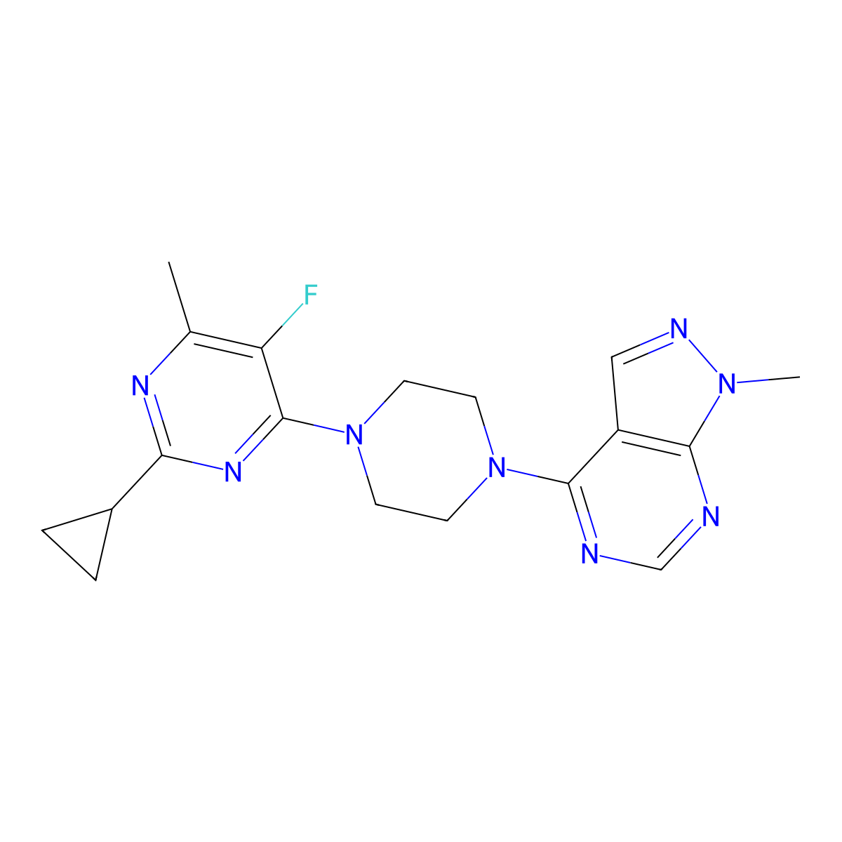 2-cyclopropyl-5-fluoro-4-methyl-6-(4-{1-methyl-1H-pyrazolo[3,4-d]pyrimidin-4-yl}piperazin-1-yl)pyrimidine molecular structure, CAS 2640866-01-7