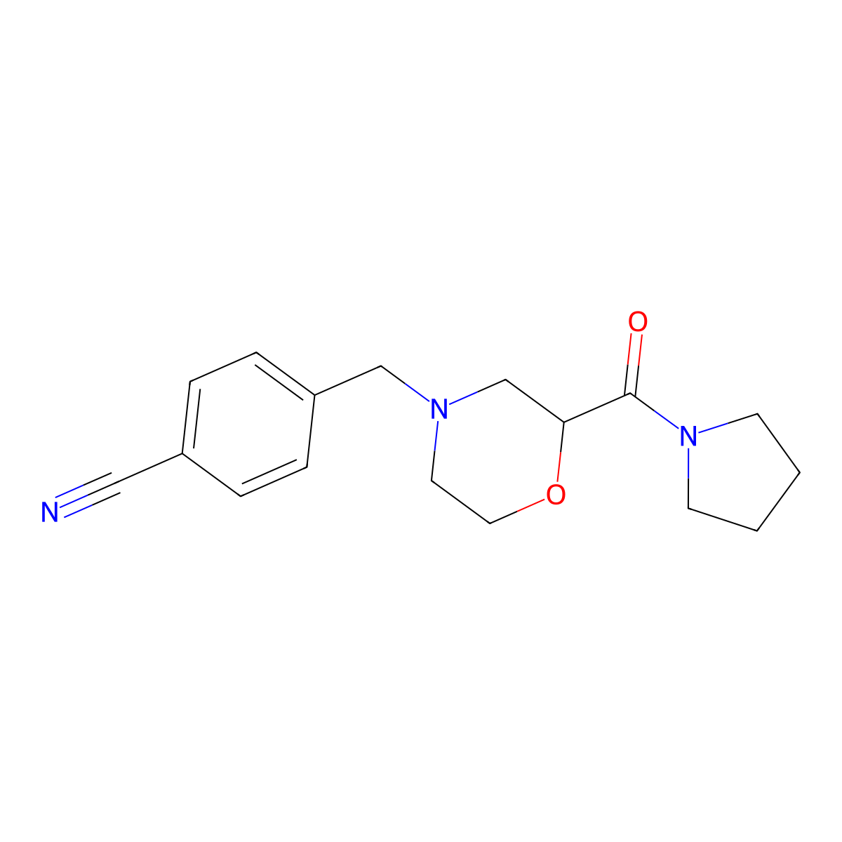 4-{[2-(Pyrrolidine-1-carbonyl)morpholin-4-yl]methyl}benzonitrile molecular structure, CAS 2640866-06-2