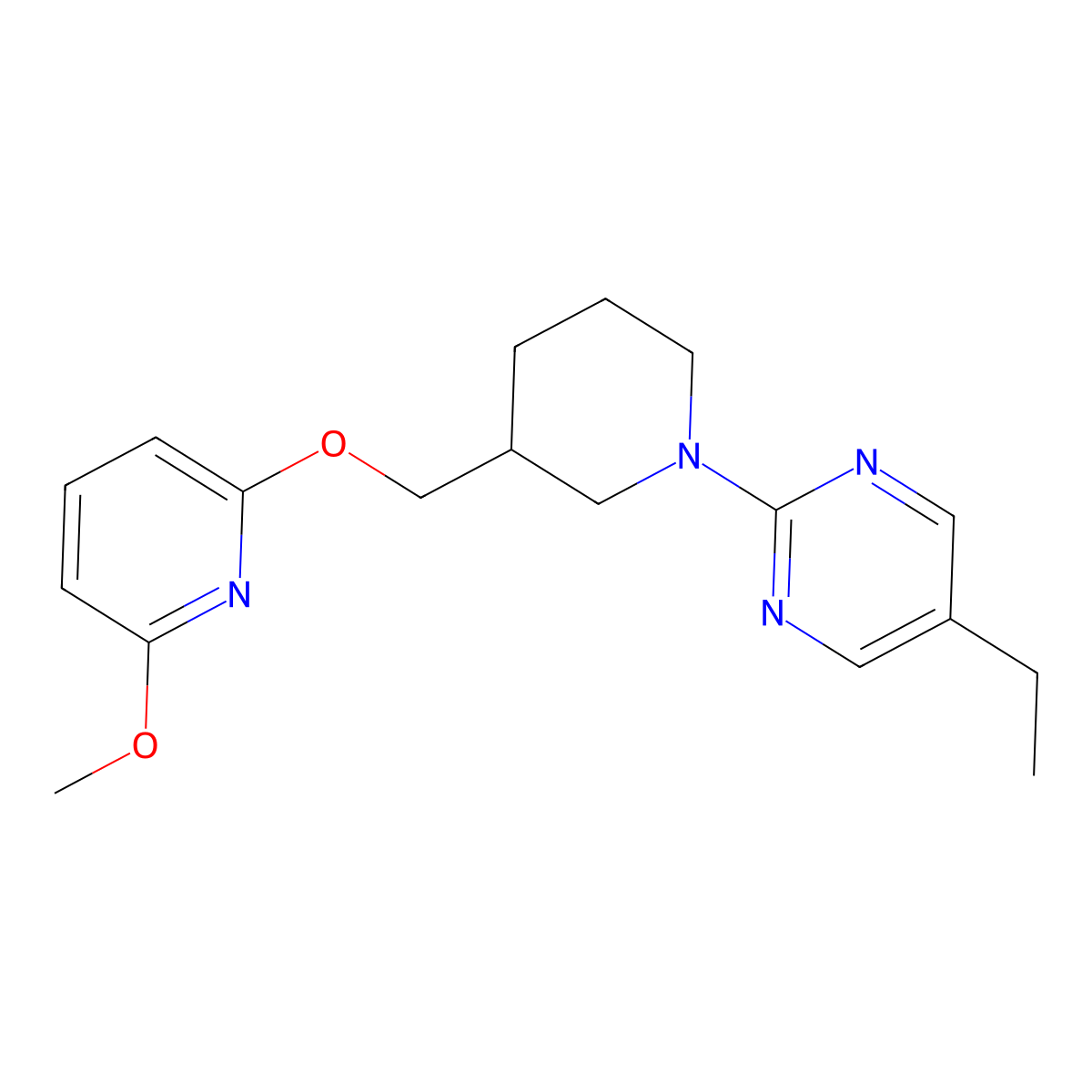 5-Ethyl-2-(3-{[(6-methoxypyridin-2-yl)oxy]methyl}piperidin-1-yl)pyrimidine molecular structure, CAS 2640866-14-2