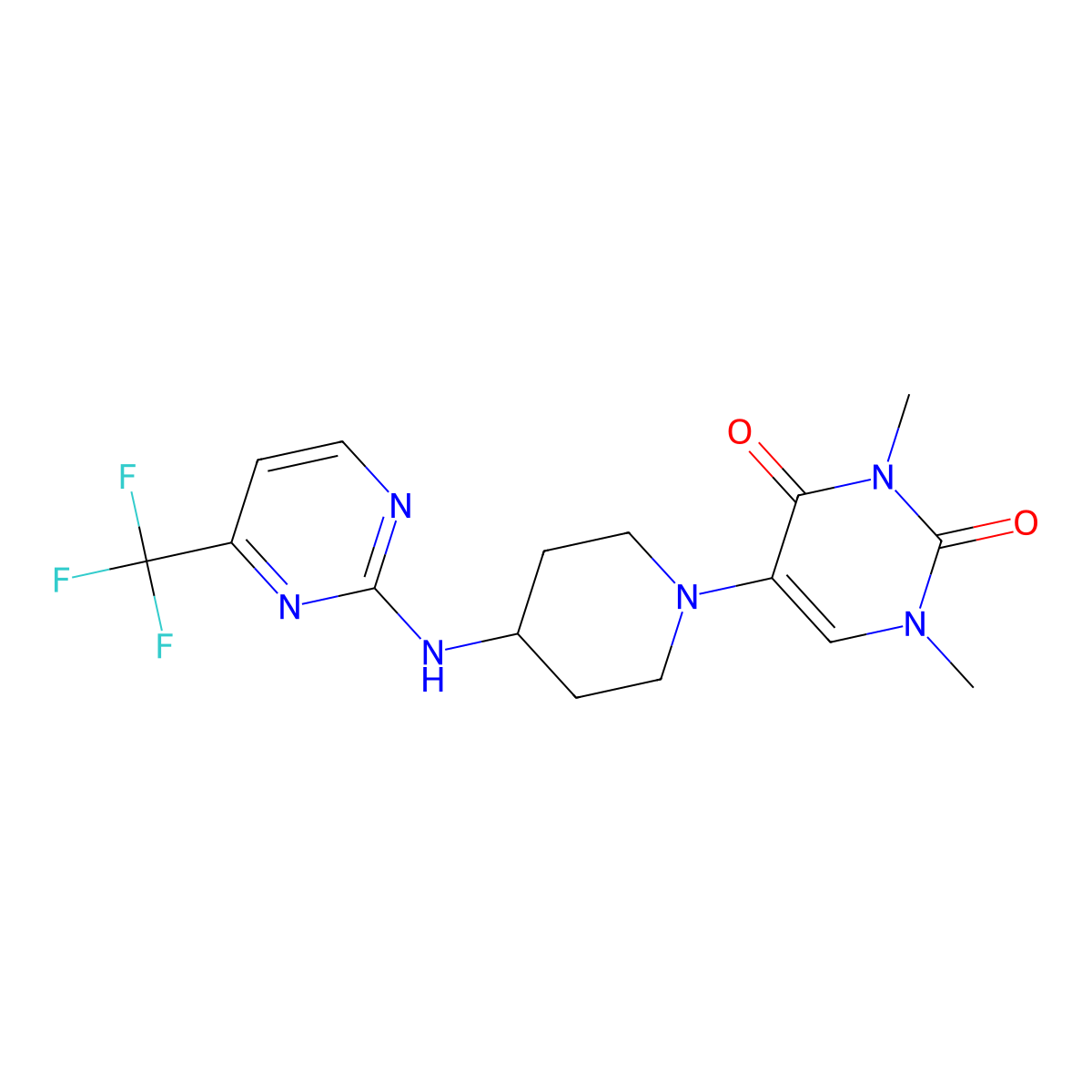 1,3-Dimethyl-5-(4-{[4-(trifluoromethyl)pyrimidin-2-yl]amino}piperidin-1-yl)-1,2,3,4-tetrahydropyrimidine-2,4-dione molecular structure, CAS 2640866-15-3