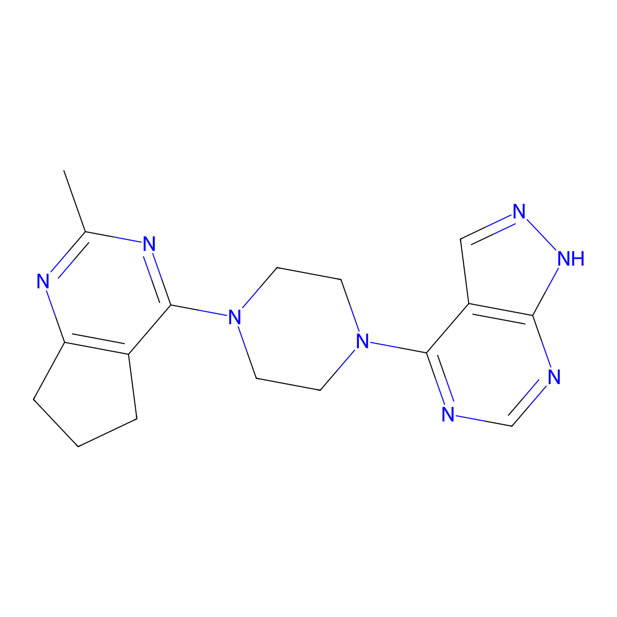 1-{2-methyl-5H,6H,7H-cyclopenta[d]pyrimidin-4-yl}-4-{1H-pyrazolo[3,4-d]pyrimidin-4-yl}piperazine molecular structure, CAS 2640866-16-4