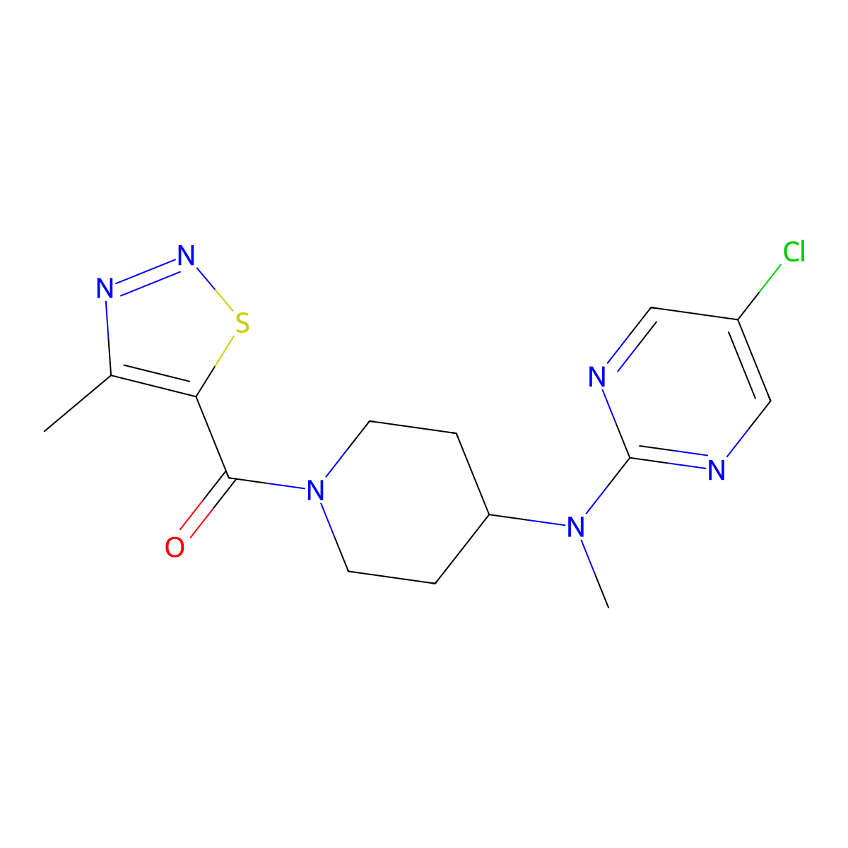 5-chloro-N-methyl-N-[1-(4-methyl-1,2,3-thiadiazole-5-carbonyl)piperidin-4-yl]pyrimidin-2-amine molecular structure, CAS 2640866-21-1