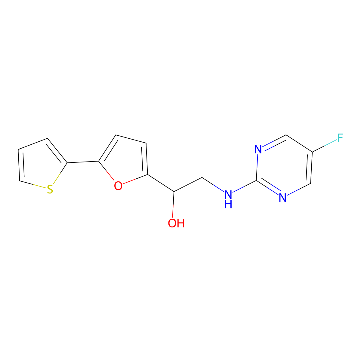 2-[(5-Fluoropyrimidin-2-yl)amino]-1-[5-(thiophen-2-yl)furan-2-yl]ethan-1-ol molecular structure, CAS 2640866-28-8