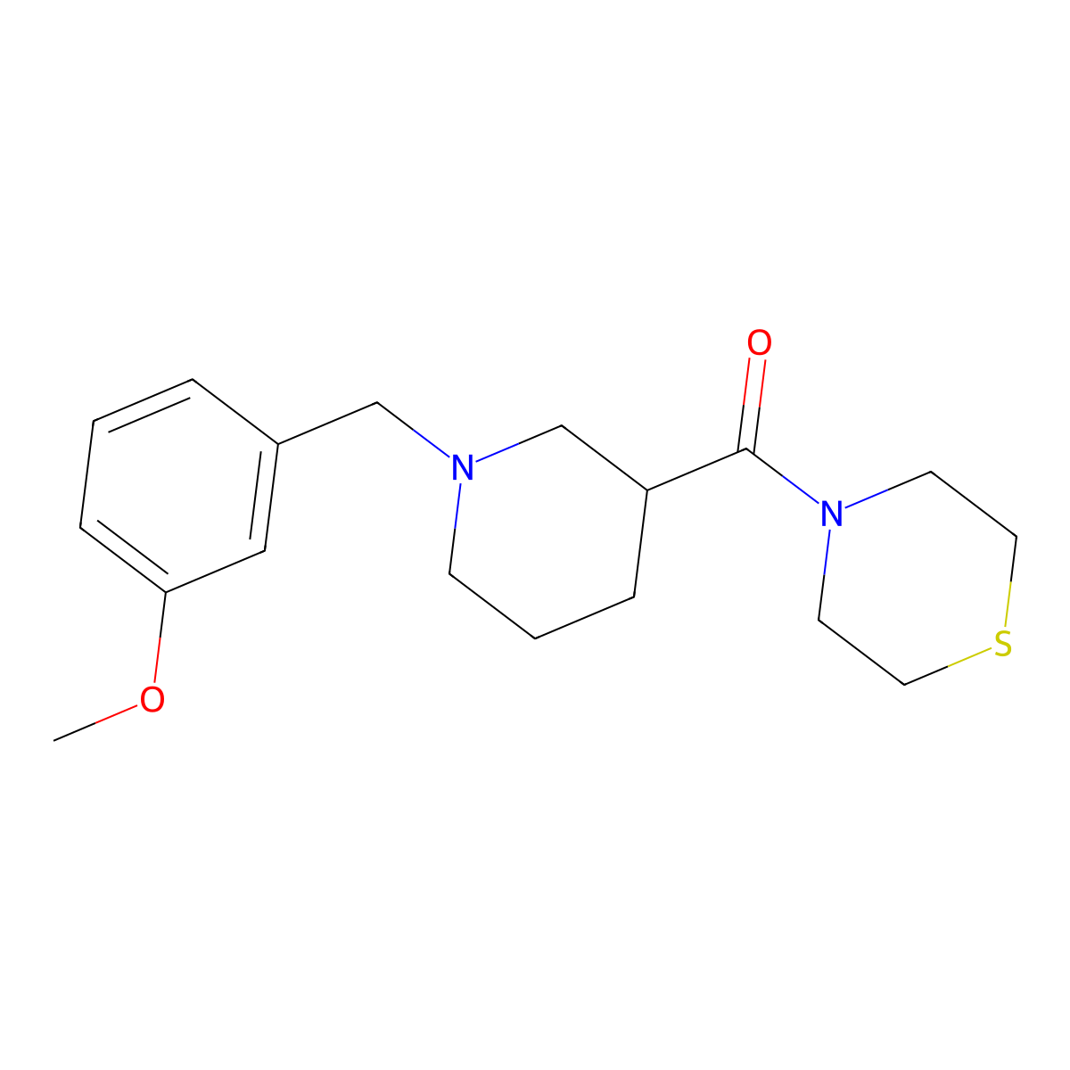 4-{1-[(3-Methoxyphenyl)methyl]piperidine-3-carbonyl}thiomorpholine molecular structure, CAS 2640866-29-9