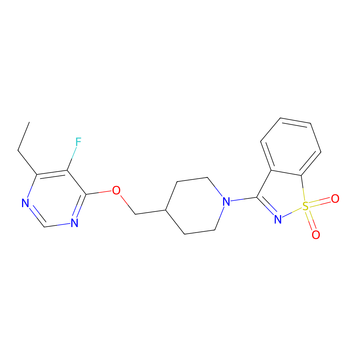 3-[4-[(6-Ethyl-5-fluoropyrimidin-4-yl)oxymethyl]piperidin-1-yl]-1,2-benzothiazole 1,1-dioxide molecular structure, CAS 2640866-31-3