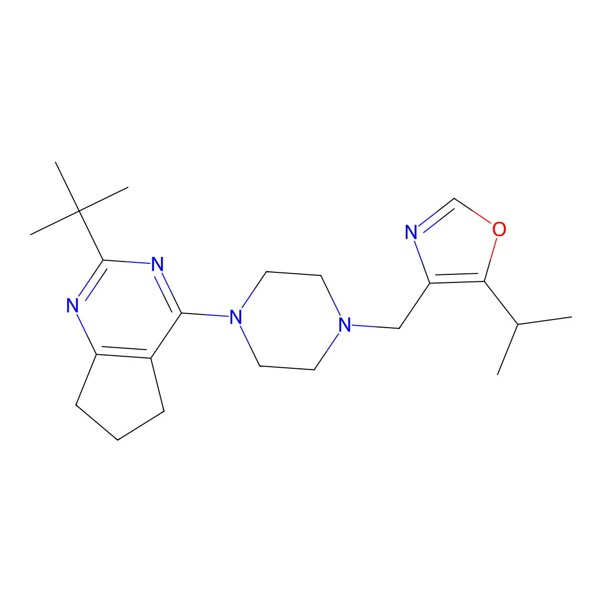 1-{2-tert-butyl-5H,6H,7H-cyclopenta[d]pyrimidin-4-yl}-4-{[5-(propan-2-yl)-1,3-oxazol-4-yl]methyl}piperazine molecular structure, CAS 2640866-37-9