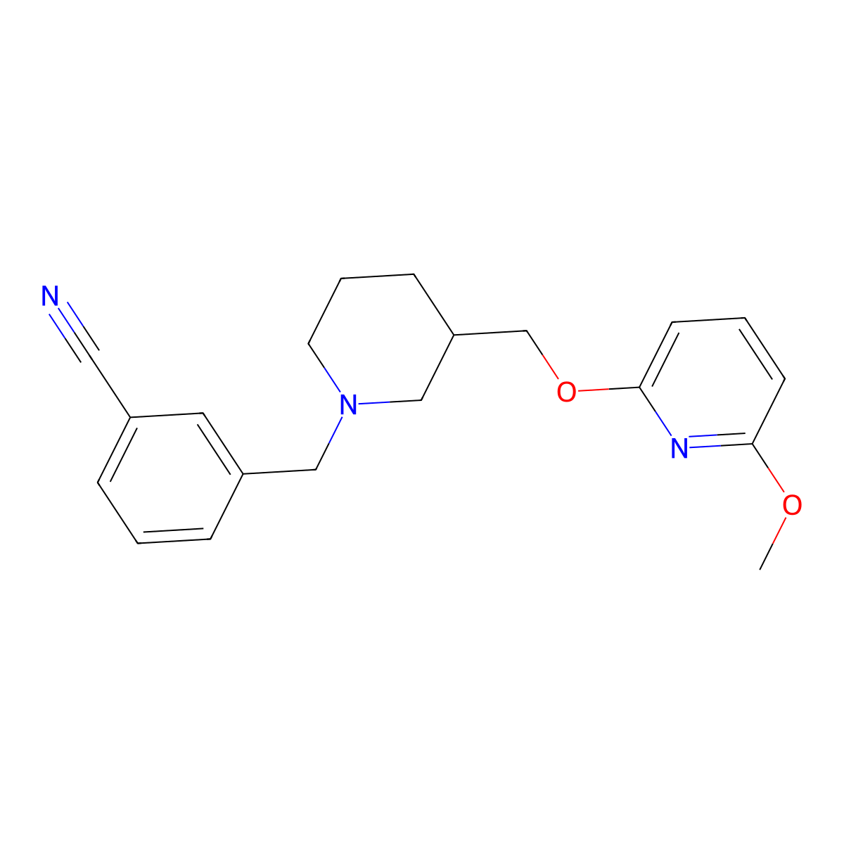 3-[(3-{[(6-Methoxypyridin-2-yl)oxy]methyl}piperidin-1-yl)methyl]benzonitrile molecular structure, CAS 2640866-38-0
