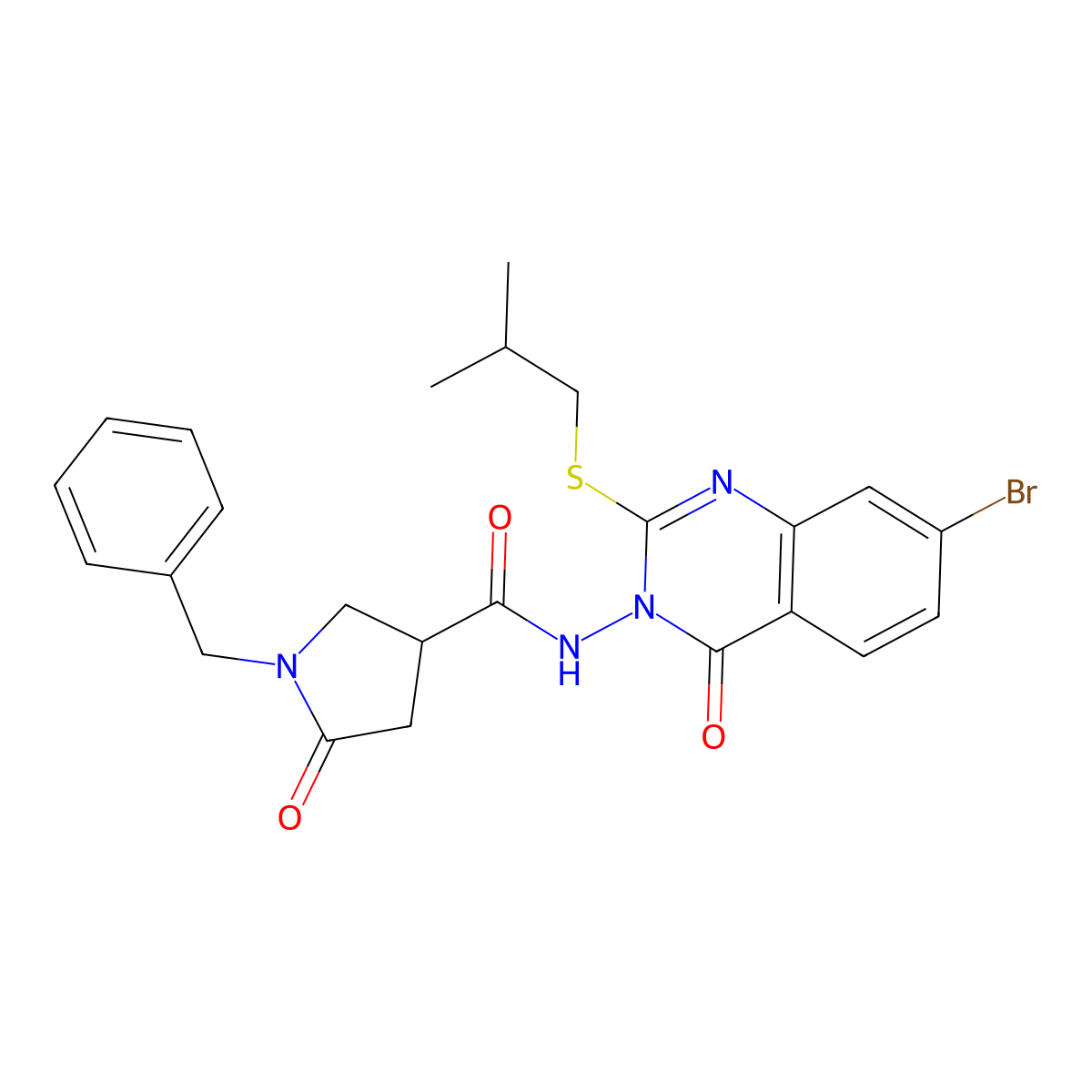 1-benzyl-N-{7-bromo-2-[(2-methylpropyl)sulfanyl]-4-oxo-3,4-dihydroquinazolin-3-yl}-5-oxopyrrolidine-3-carboxamide molecular structure, CAS 2640866-39-1