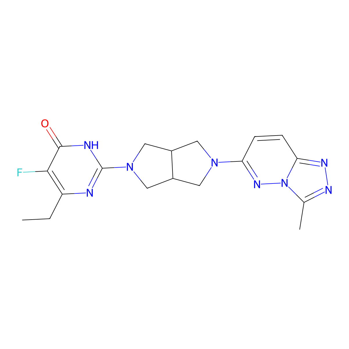 6-Ethyl-5-fluoro-2-(5-{3-methyl-[1,2,4]triazolo[4,3-b]pyridazin-6-yl}-octahydropyrrolo[3,4-c]pyrrol-2-yl)-3,4-dihydropyrimidin-4-one molecular structure, CAS 2640866-40-4