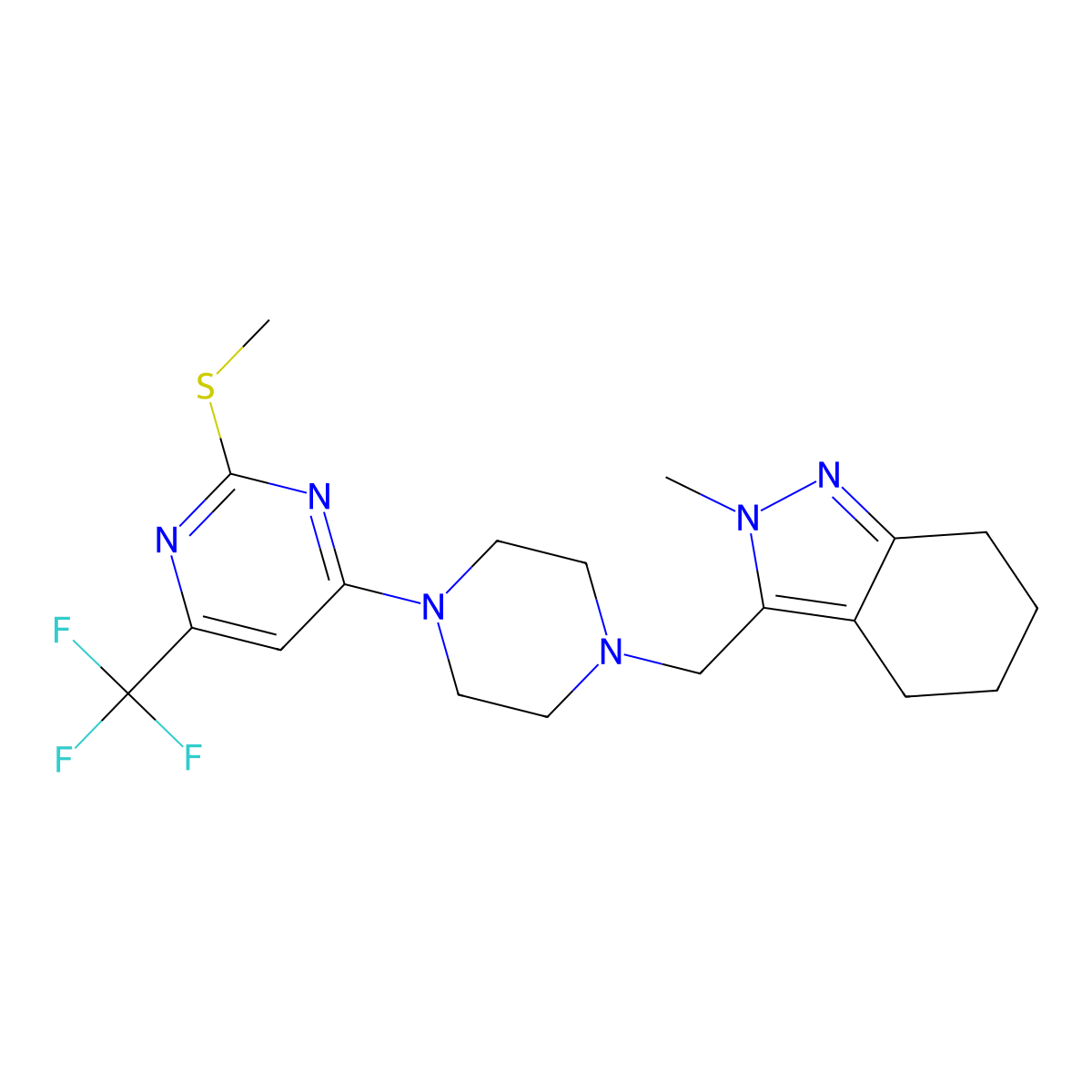 2-methyl-3-({4-[2-(methylsulfanyl)-6-(trifluoromethyl)pyrimidin-4-yl]piperazin-1-yl}methyl)-4,5,6,7-tetrahydro-2H-indazole molecular structure, CAS 2640866-42-6