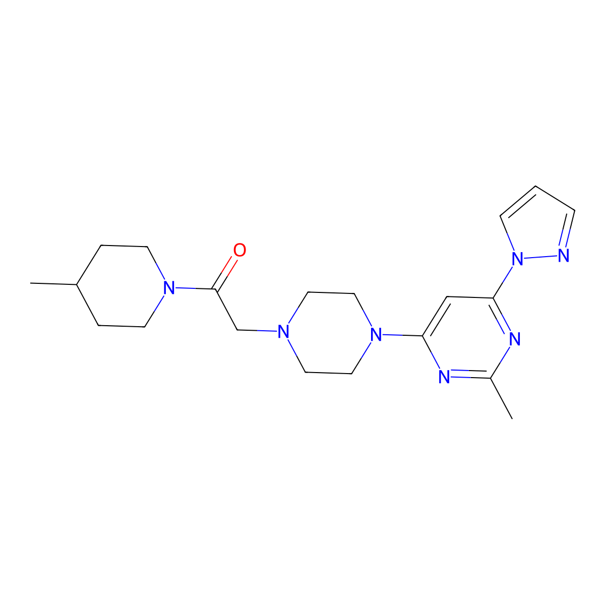 2-{4-[2-methyl-6-(1H-pyrazol-1-yl)pyrimidin-4-yl]piperazin-1-yl}-1-(4-methylpiperidin-1-yl)ethan-1-one molecular structure, CAS 2640866-45-9