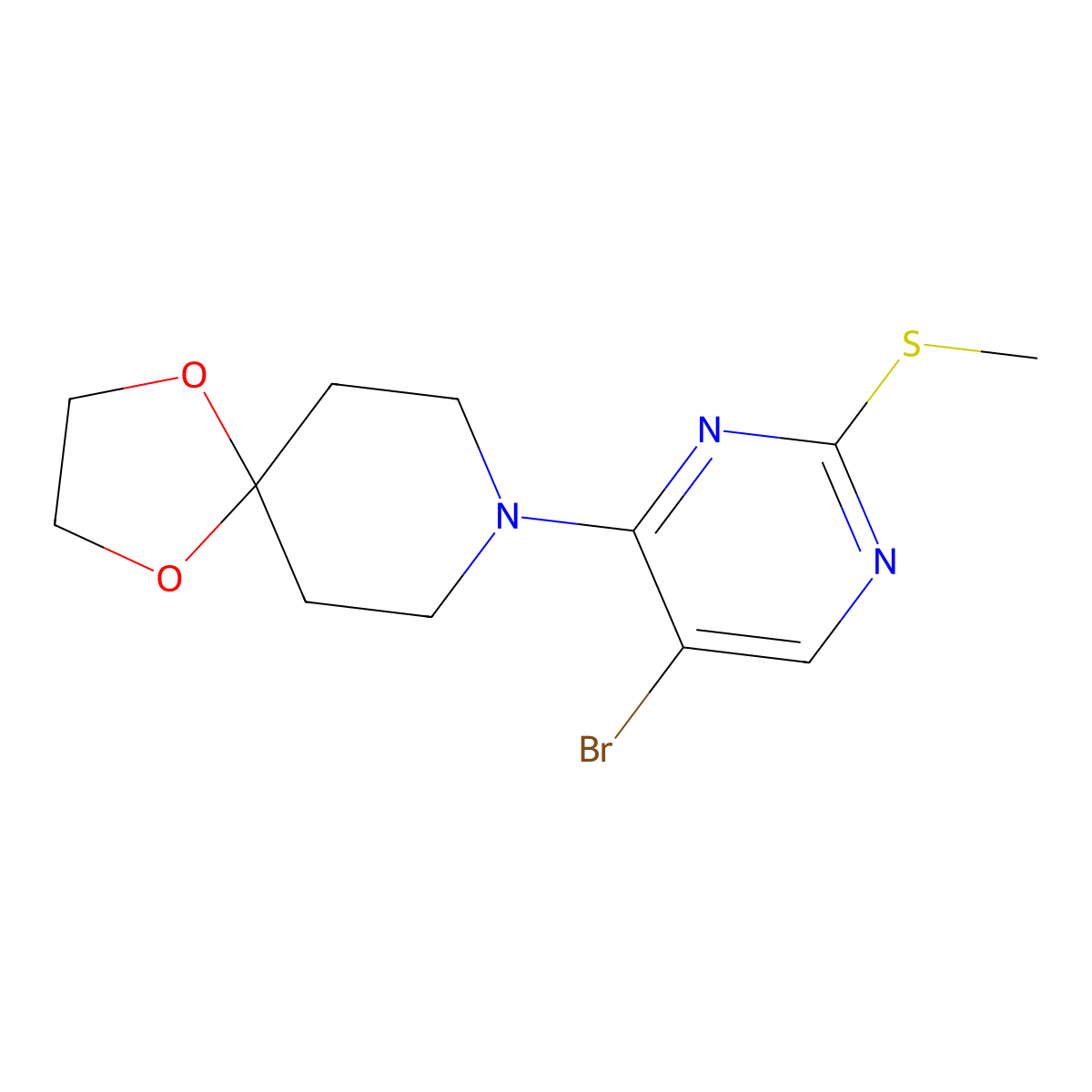 8-[5-Bromo-2-(methylsulfanyl)pyrimidin-4-yl]-1,4-dioxa-8-azaspiro[4.5]decane molecular structure, CAS 2640866-48-2