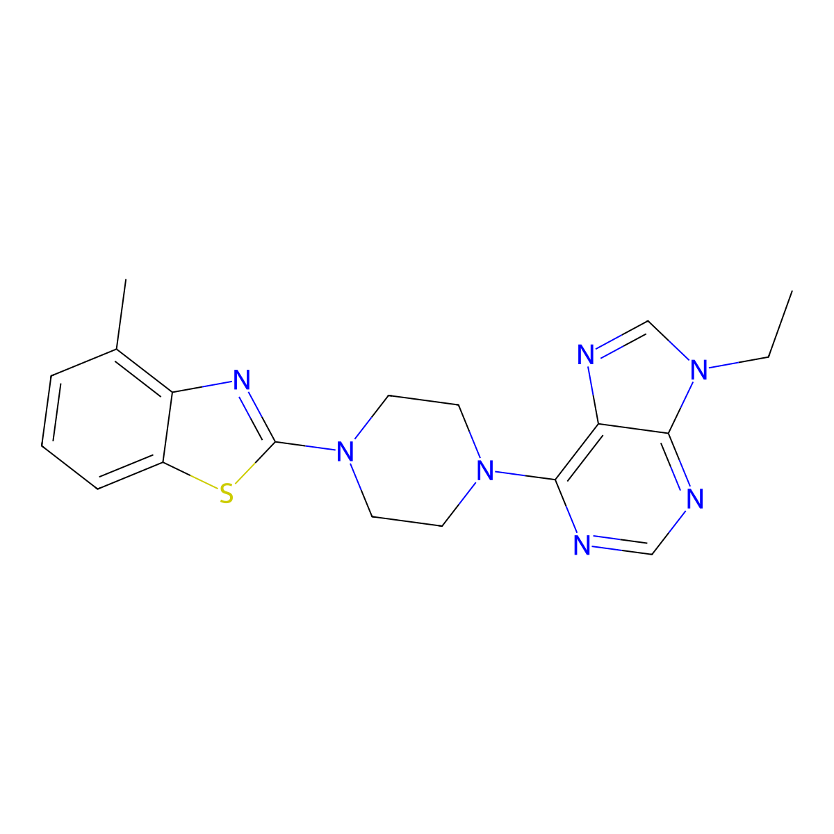 9-ethyl-6-[4-(4-methyl-1,3-benzothiazol-2-yl)piperazin-1-yl]-9H-purine molecular structure, CAS 2640866-49-3