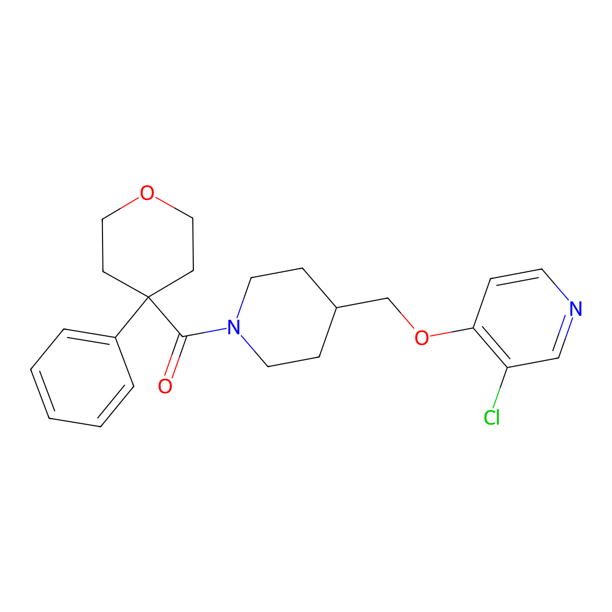 3-Chloro-4-{[1-(4-phenyloxane-4-carbonyl)piperidin-4-yl]methoxy}pyridine molecular structure, CAS 2640866-52-8