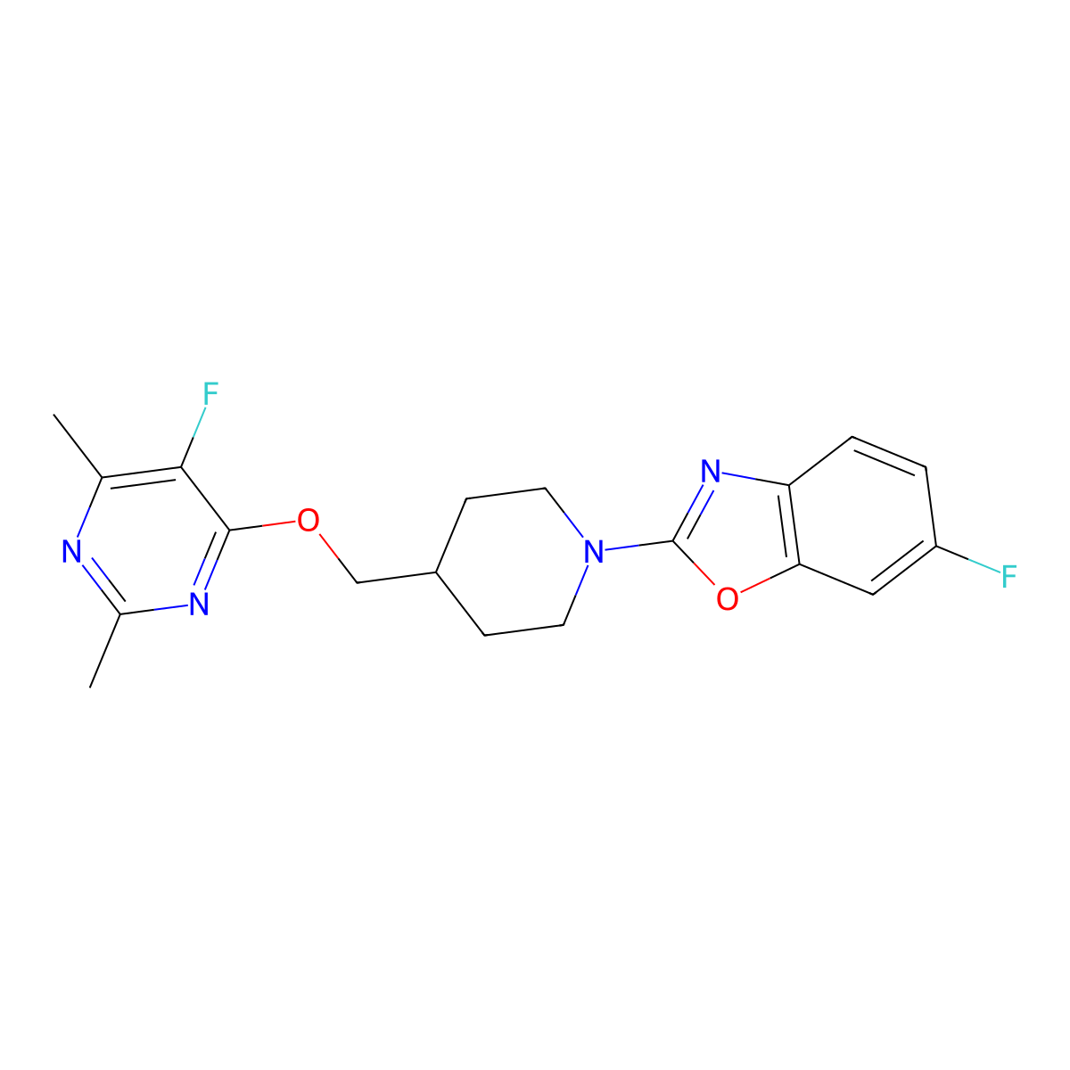 6-Fluoro-2-(4-{[(5-fluoro-2,6-dimethylpyrimidin-4-yl)oxy]methyl}piperidin-1-yl)-1,3-benzoxazole molecular structure, CAS 2640866-59-5
