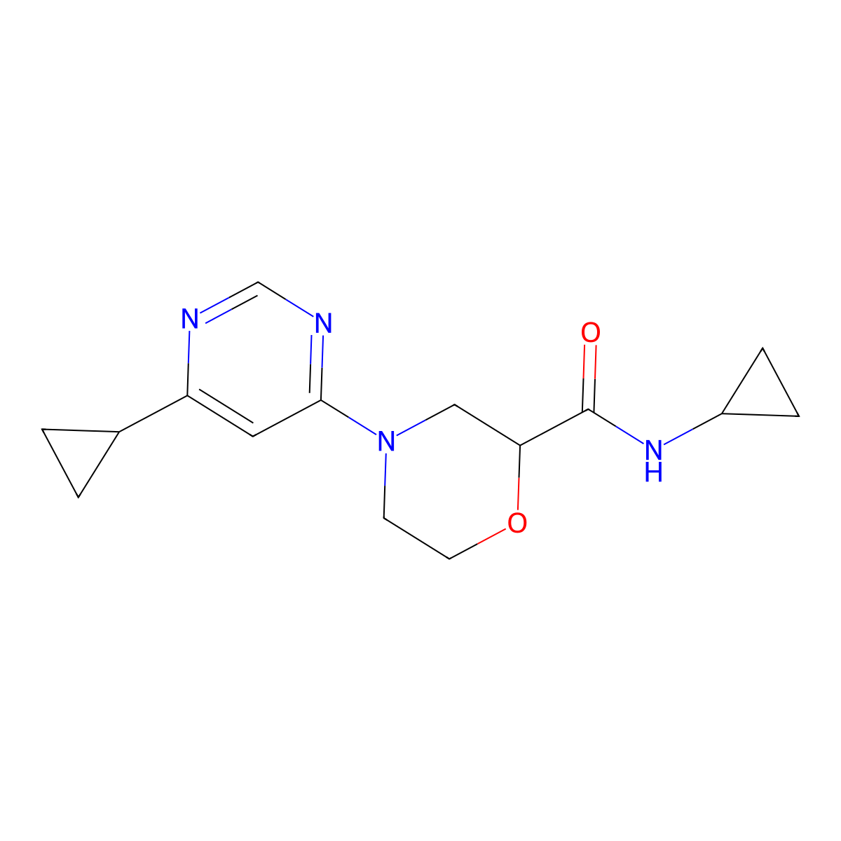 N-cyclopropyl-4-(6-cyclopropylpyrimidin-4-yl)morpholine-2-carboxamide molecular structure, CAS 2640866-60-8