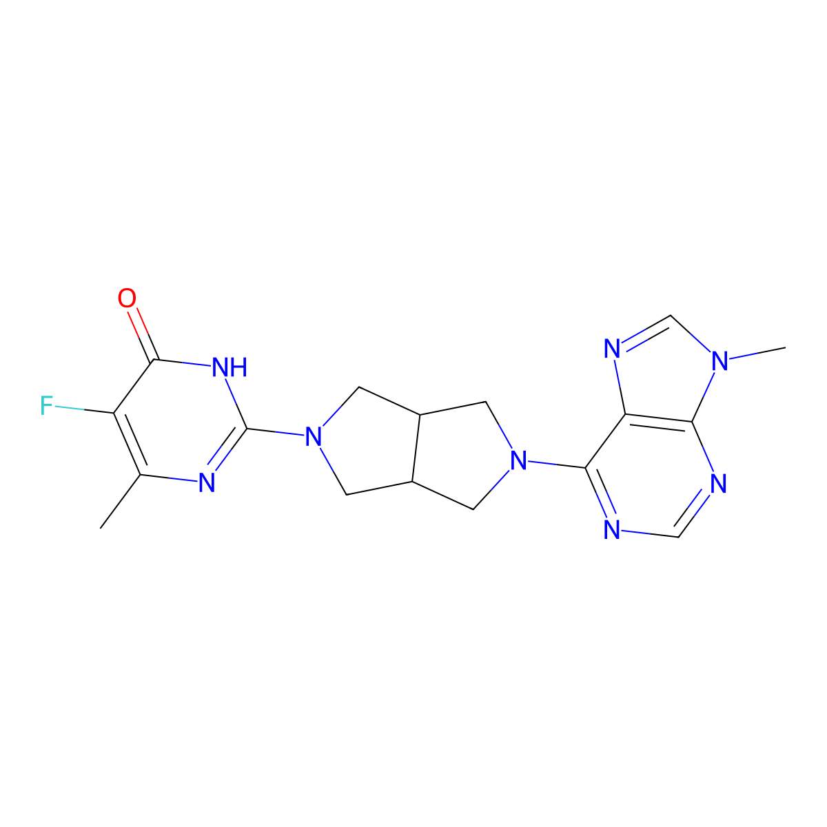 5-fluoro-6-methyl-2-[5-(9-methyl-9H-purin-6-yl)-octahydropyrrolo[3,4-c]pyrrol-2-yl]-3,4-dihydropyrimidin-4-one molecular structure, CAS 2640866-64-2