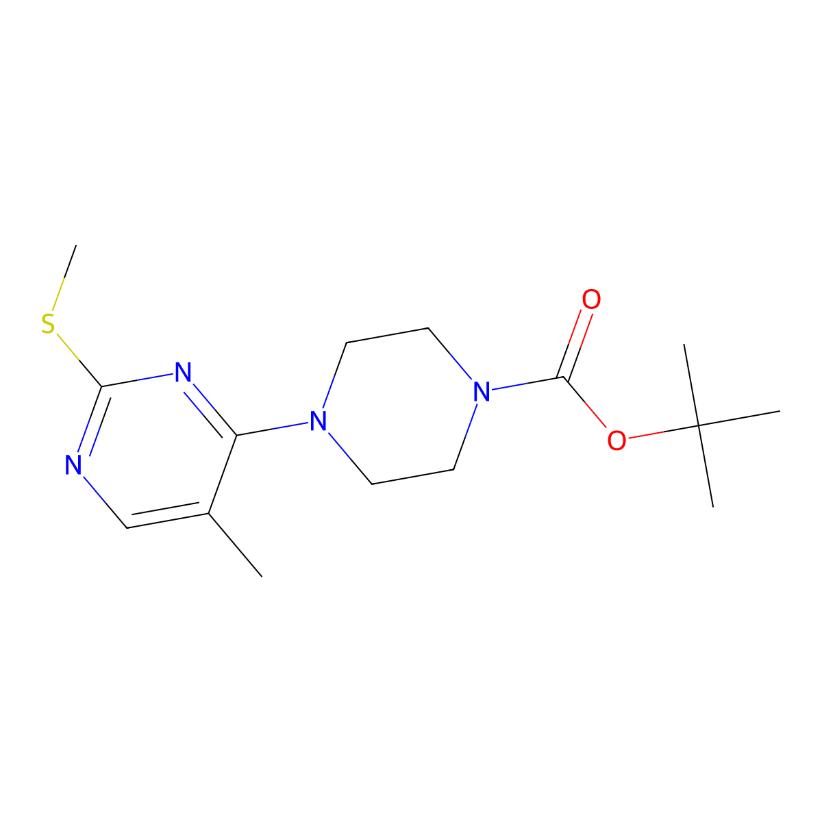Tert-butyl 4-[5-methyl-2-(methylsulfanyl)pyrimidin-4-yl]piperazine-1-carboxylate molecular structure, CAS 2640866-65-3