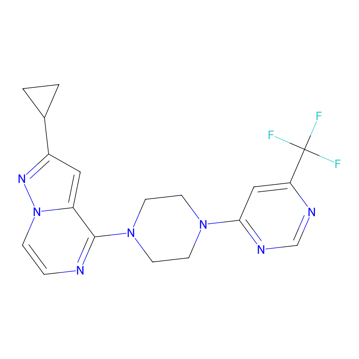 4-(4-{2-Cyclopropylpyrazolo[1,5-a]pyrazin-4-yl}piperazin-1-yl)-6-(trifluoromethyl)pyrimidine molecular structure, CAS 2640866-67-5