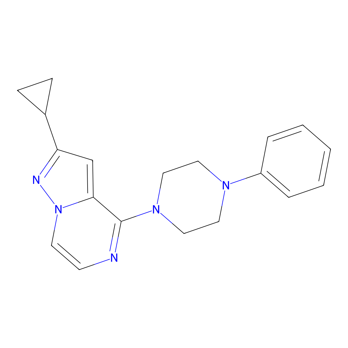 1-{2-Cyclopropylpyrazolo[1,5-a]pyrazin-4-yl}-4-phenylpiperazine molecular structure, CAS 2640866-68-6
