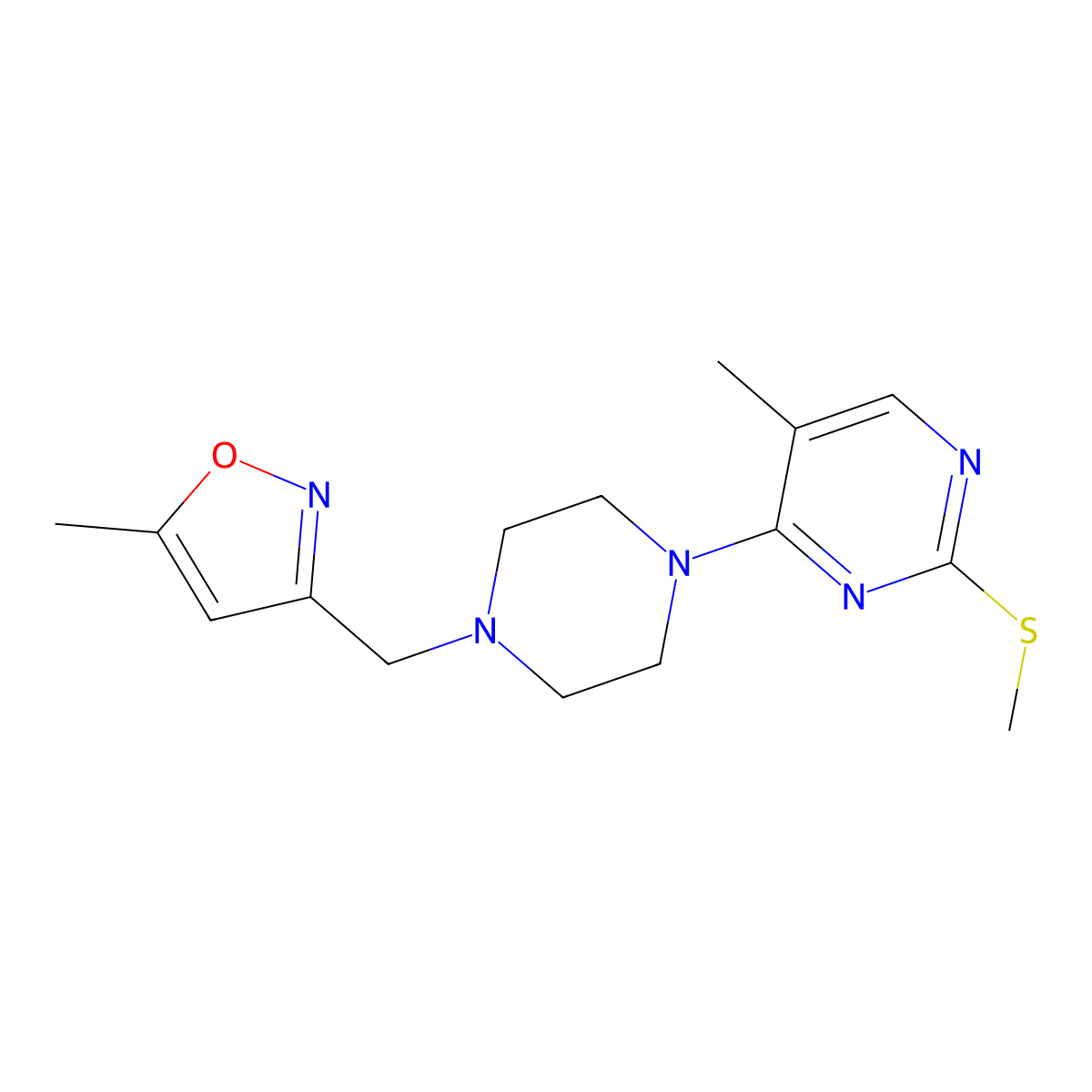 5-Methyl-4-{4-[(5-methyl-1,2-oxazol-3-yl)methyl]piperazin-1-yl}-2-(methylsulfanyl)pyrimidine molecular structure, CAS 2640866-69-7