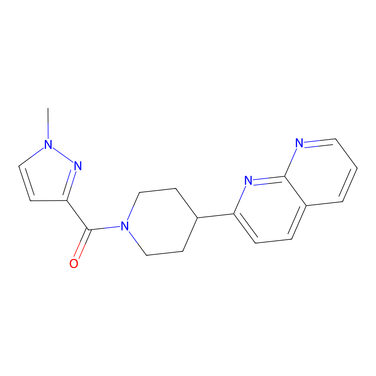 2-[1-(1-methyl-1H-pyrazole-3-carbonyl)piperidin-4-yl]-1,8-naphthyridine molecular structure, CAS 2640866-70-0