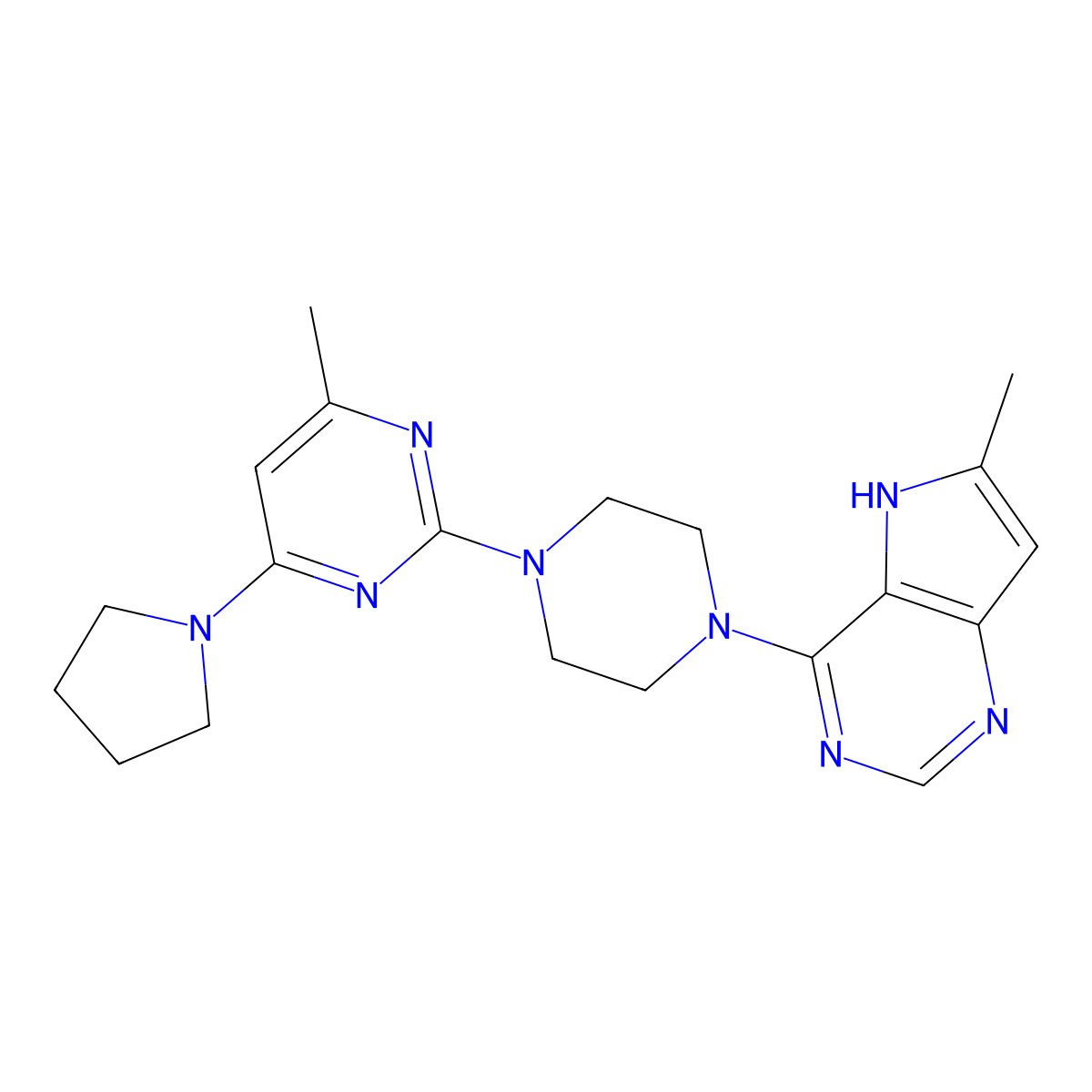 4-methyl-2-(4-{6-methyl-5H-pyrrolo[3,2-d]pyrimidin-4-yl}piperazin-1-yl)-6-(pyrrolidin-1-yl)pyrimidine molecular structure, CAS 2640866-75-5