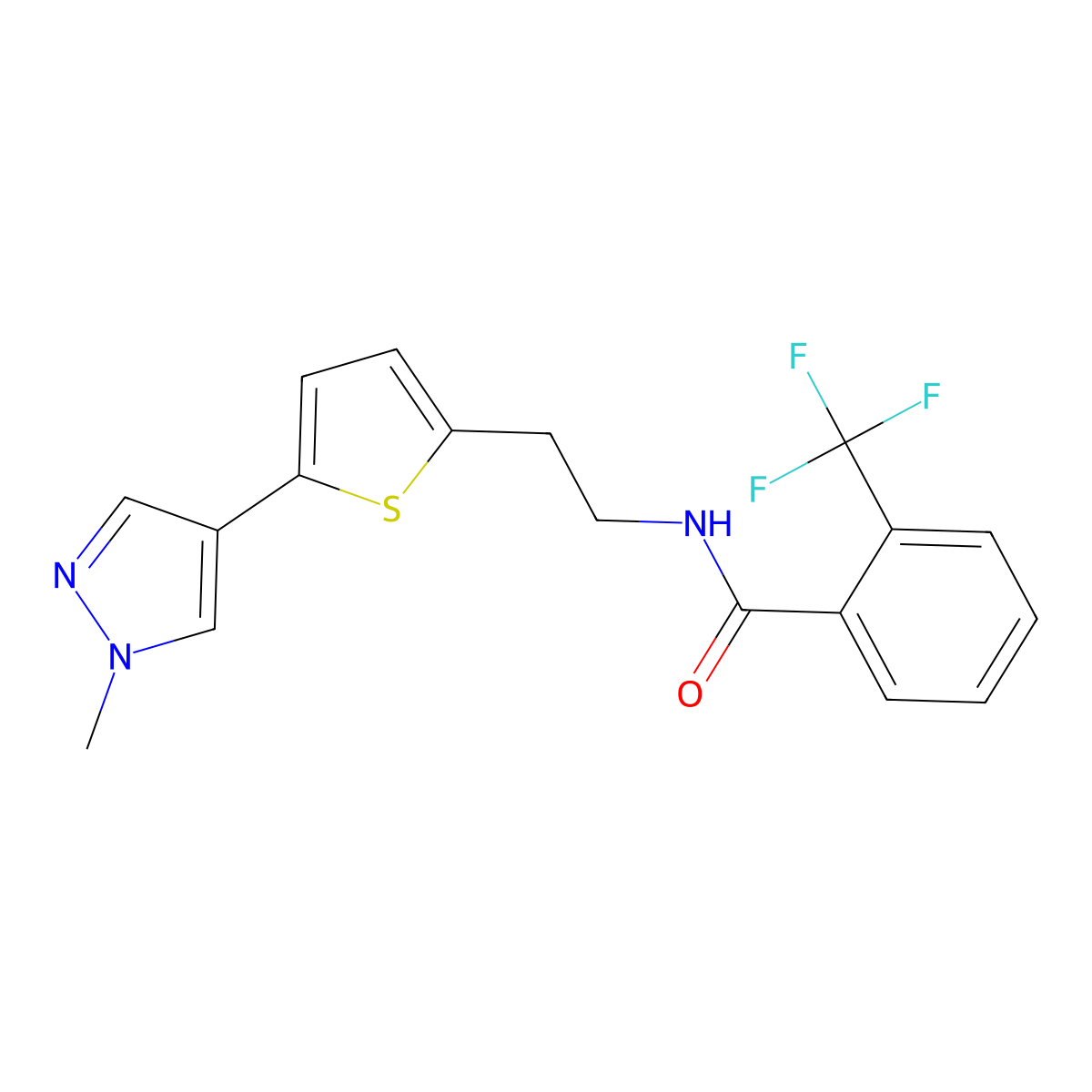 N-{2-[5-(1-methyl-1H-pyrazol-4-yl)thiophen-2-yl]ethyl}-2-(trifluoromethyl)benzamide molecular structure, CAS 2640866-80-2