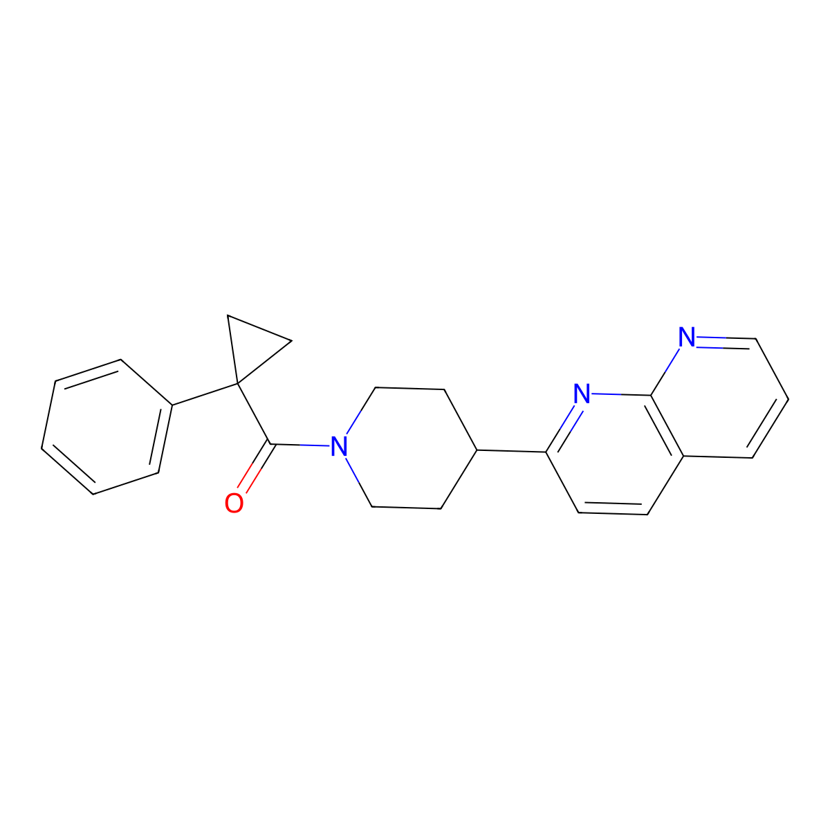2-[1-(1-Phenylcyclopropanecarbonyl)piperidin-4-yl]-1,8-naphthyridine molecular structure, CAS 2640866-81-3