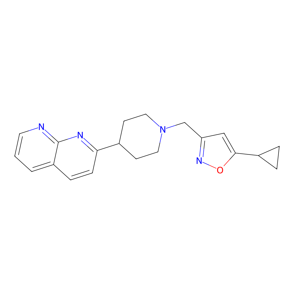 2-{1-[(5-Cyclopropyl-1,2-oxazol-3-yl)methyl]piperidin-4-yl}-1,8-naphthyridine molecular structure, CAS 2640866-84-6