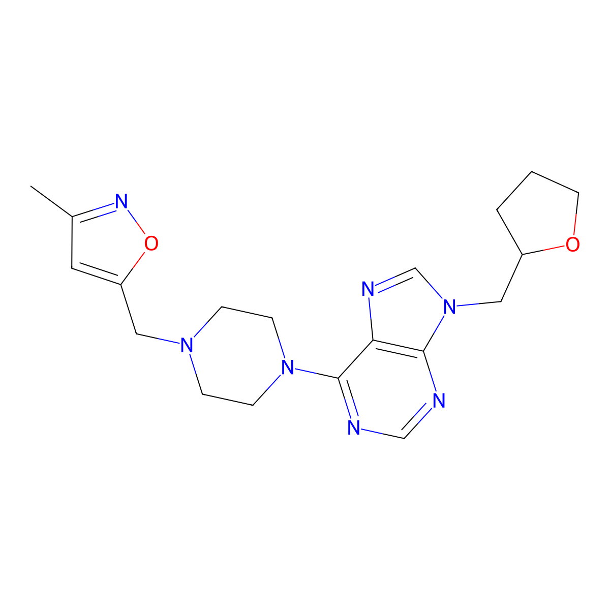 6-{4-[(3-methyl-1,2-oxazol-5-yl)methyl]piperazin-1-yl}-9-[(oxolan-2-yl)methyl]-9H-purine molecular structure, CAS 2640866-87-9