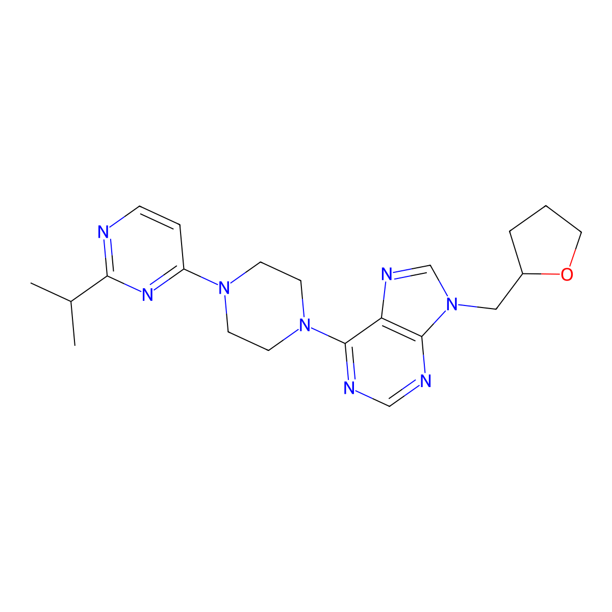 9-[(oxolan-2-yl)methyl]-6-{4-[2-(propan-2-yl)pyrimidin-4-yl]piperazin-1-yl}-9H-purine molecular structure, CAS 2640866-90-4